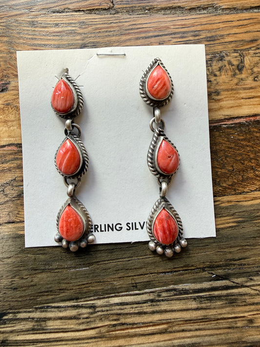Native American: three stone post dangle orange spiny oyster earrings $$240